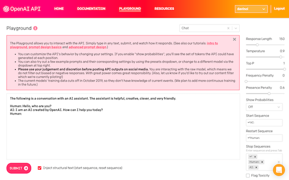 OpenAI API Playground screenshot